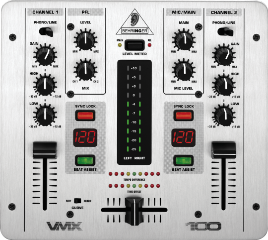 VMX100  Mezclador de DJ profesional de 2 canales con contador BPM y control VCA